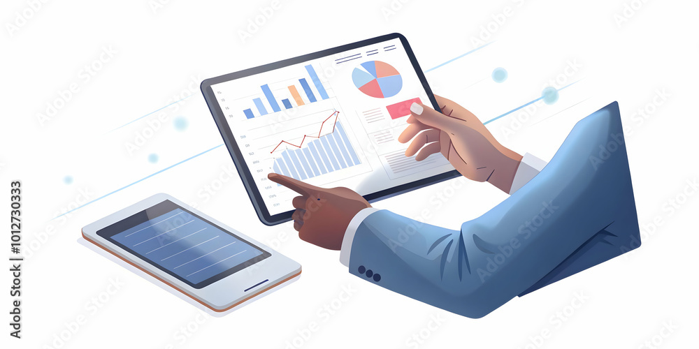 Digital Financial Analysis: A Person Reviewing Financial Data on Tablet with Modern Business Practices Against a Plain White Background Digital Financial Analysis: A Person Reviewing Financial Data on Tablet with Modern Business Practices Against a Plain White Background