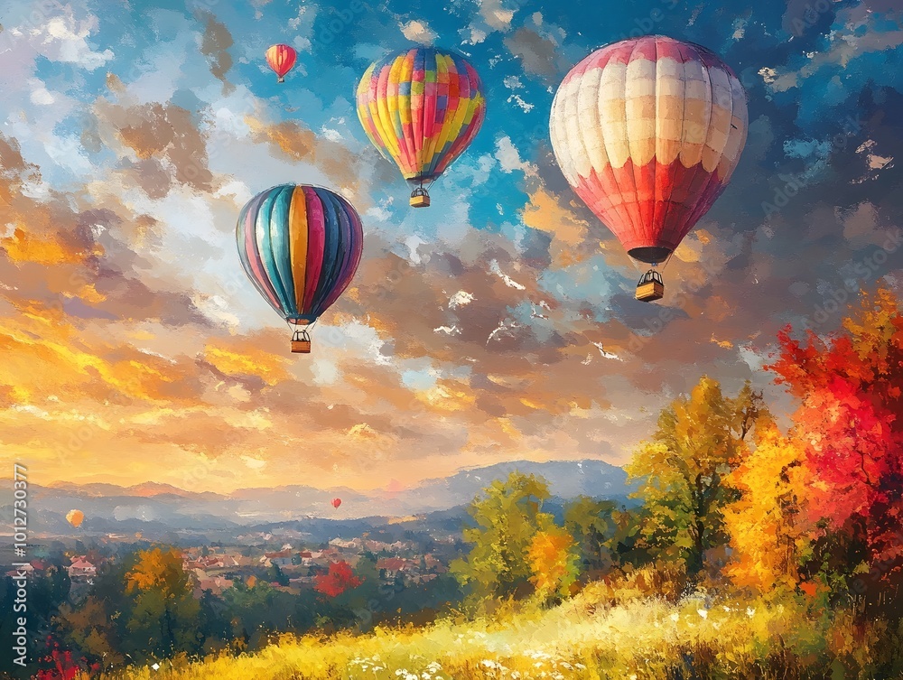 Obraz premium Hot air balloons soaring over a vibrant autumn landscape at sunset.