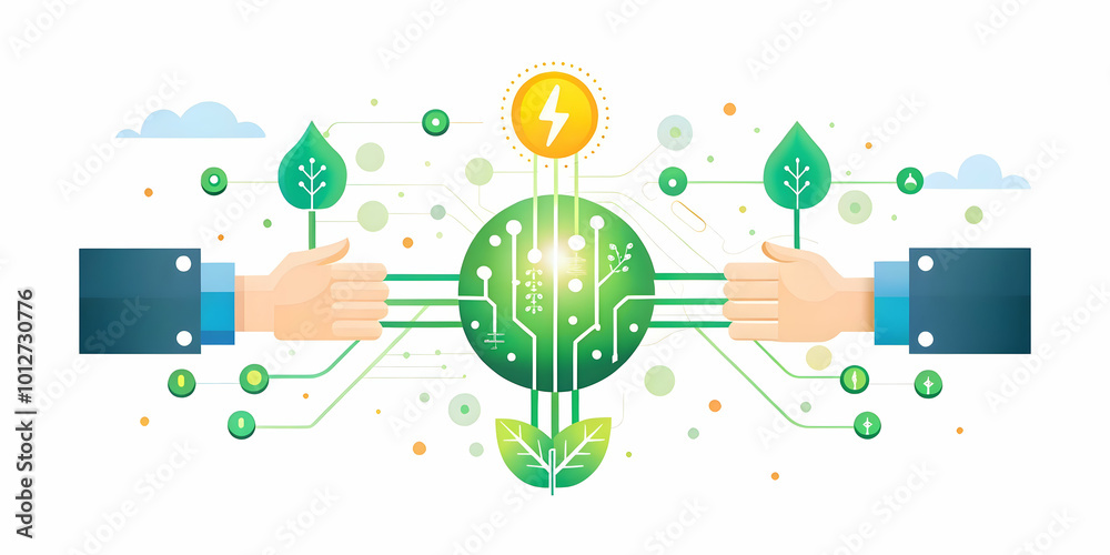 Obraz premium Flat Macro of Hands Connecting Digital Circuits concept as A close up image of hands connecting two ends of a digital circuit with green energy symbols. The camera focuses on the connection point symb