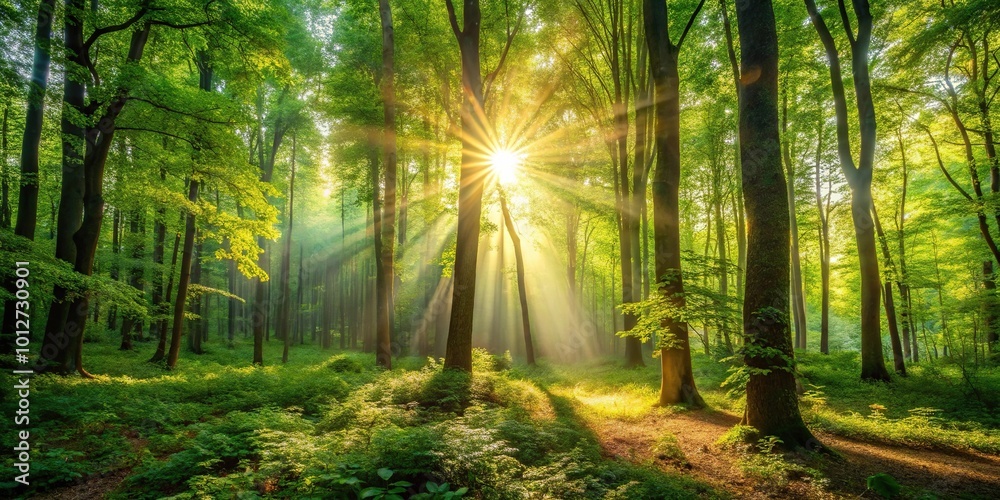 Fototapeta premium Forest with trees and sunlight shining through the leaves point of view