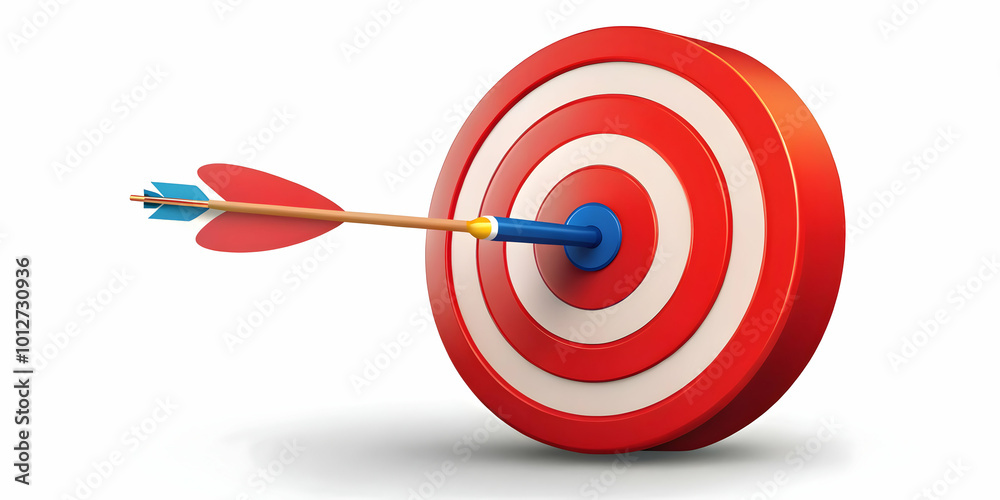 Vector illustration of a bullseye target with a dart hitting the center, symbolizing marketing success; clean design with vibrant colors for infographics on achieving business goals. Vector illustration of a bullseye target with a dart hitting the center, symbolizing marketing success; clean design with vibrant colors for infographics on achieving business goals.