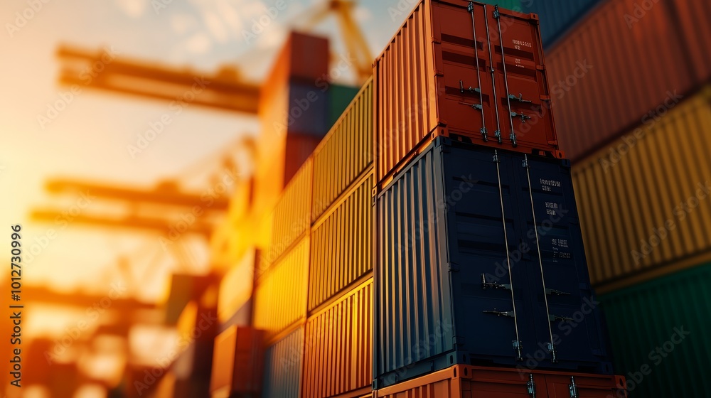 Fototapeta premium Containers Stacked at a Busy Shipping Port, symbolizing global trade, logistics, import, export, and transportation.