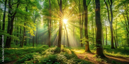 Forest with trees and sunlight shining through the leaves point of view