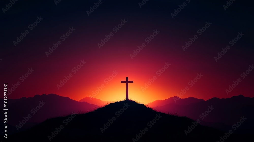 Cross Silhouette at Sunrise, a powerful symbol of faith, hope, and sacrifice, overlooking a majestic mountain range. This image represents the promise of new beginnings, the light of salvation, and t Cross Silhouette at Sunrise, a powerful symbol of faith, hope, and sacrifice, overlooking a majestic mountain range. This image represents the promise of new beginnings, the light of salvation, and t