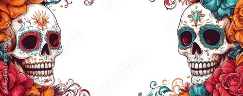 Colorful sugar skull design with vibrant flowers, perfect for Day of the Dead celebrations and artistic projects.