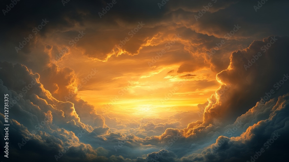Dramatic Golden Sunset Through Storm Clouds, symbolizing hope, new beginnings, power of nature, sky, clouds. Dramatic Golden Sunset Through Storm Clouds, symbolizing hope, new beginnings, power of nature, sky, clouds.