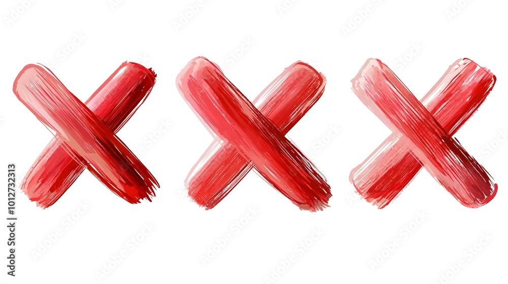 Set of Red X Mark Hand Drawn Brush Strokes Cross Symbol on White Background Set of Red X Mark Hand Drawn Brush Strokes Cross Symbol on White Background