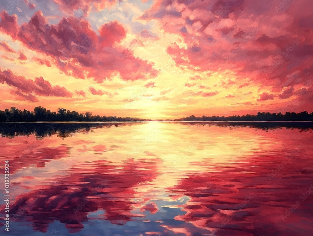 A vibrant sunset reflecting on a tranquil river. A vibrant sunset reflecting on a tranquil river.