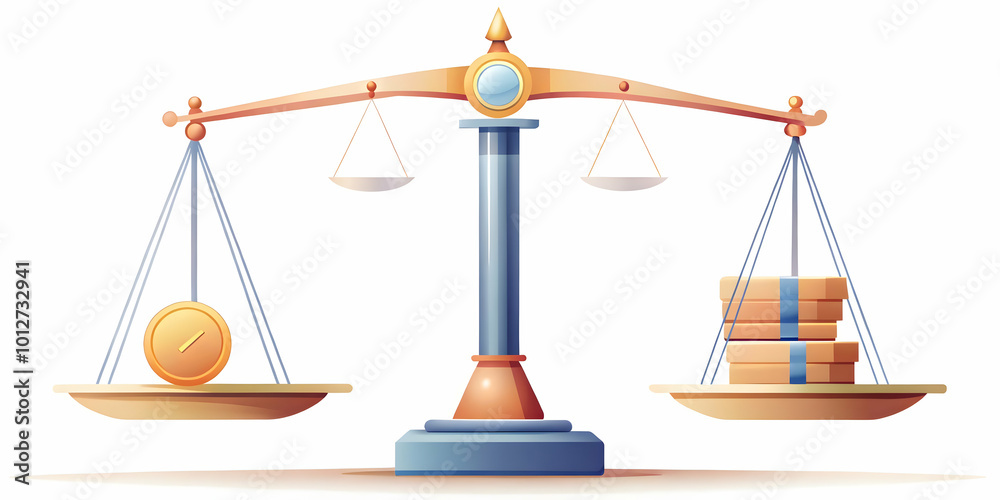 Vector illustration of a scale balancing a clock and money representing time management. concept as A balanced scale with a clock on one side and money on the other in a vector illustration; designed Vector illustration of a scale balancing a clock and money representing time management. concept as A balanced scale with a clock on one side and money on the other in a vector illustration; designed