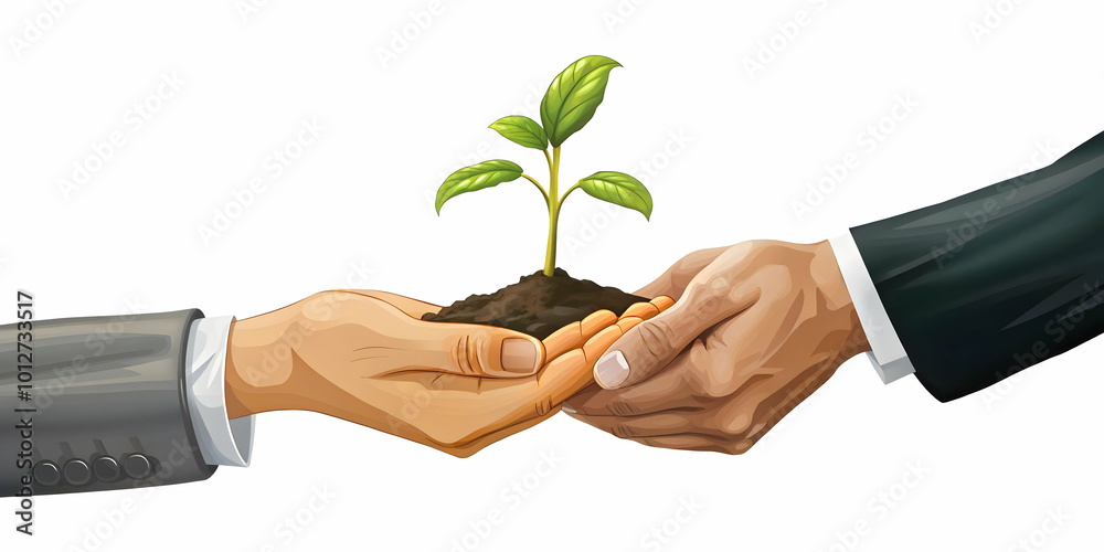 Flat Glossy Hands Nurturing Seedling on White Background: Symbolizing Growth & Community in ESG Business Negotiations with Copy Space