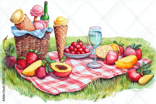 A colorful picnic scene with a basket of ice cream cones, fresh fruits, a drink, and a checkered blanket laid on grass.