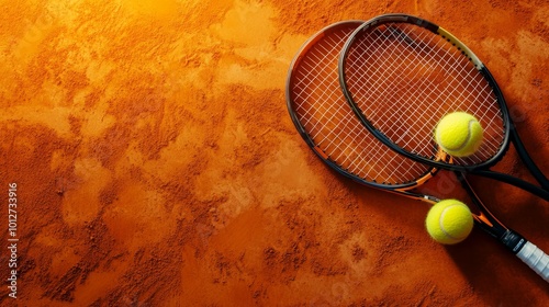 Tennis Racquets and Balls on Clay Court, ready for a game of tennis, with two tennis rackets and two tennis balls. The image symbolizes the game of tennis,  sport, competition, athleticism, and leisur photo