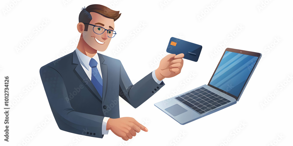 A businessman holding a credit card in one hand and typing on a laptop with the other making an online payment isolated on white. concept as Close up shot of a professional multitasking with a credit A businessman holding a credit card in one hand and typing on a laptop with the other making an online payment isolated on white. concept as Close up shot of a professional multitasking with a credit