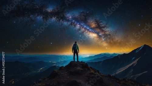 Person standing on rocky outcrop under night sky filled with stars and Milky Way