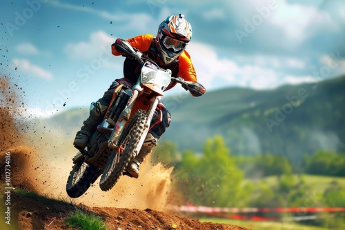 Motocrosser jumps bike on track photo