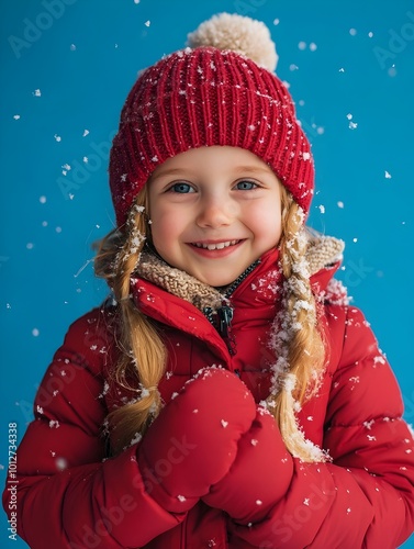 Cheerful Little Girl Bundled Up in Winter Clothing Shivering on Blue Background photo