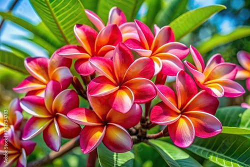 Frangipani flower in bloom with red accents shot with wide angle lens