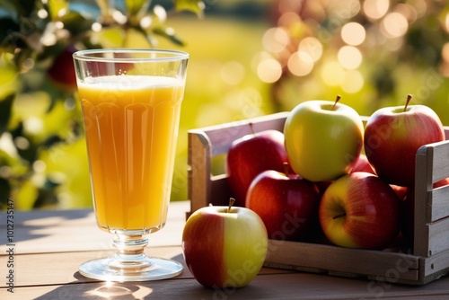 apple juice and fruits in a crate on wooden table 