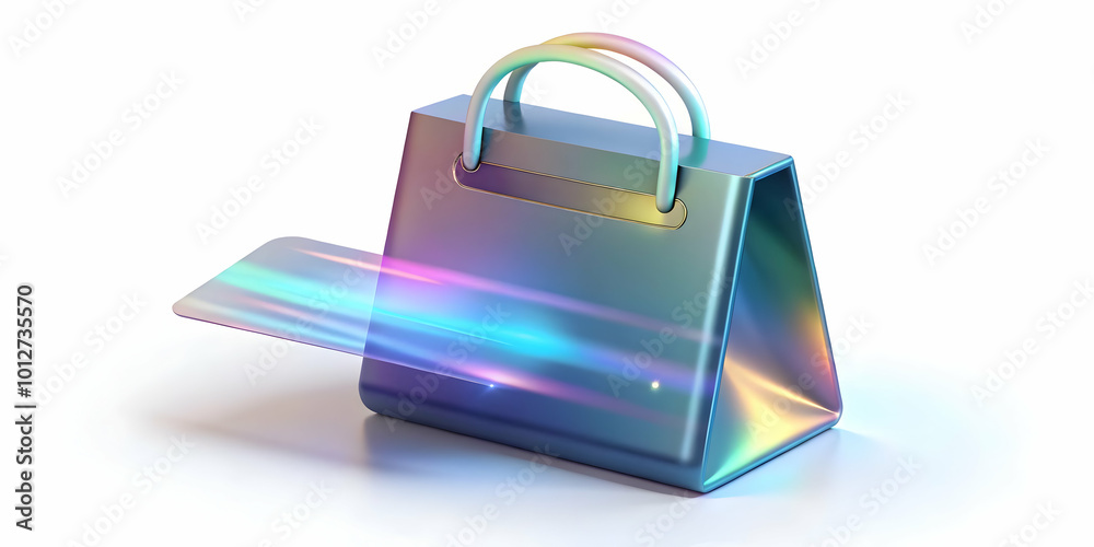Holographic credit card emerging from a glowing shopping bag with copy space concept as An artistic image of a glowing holographic credit card emerging from a glossy shopping bag; set against a hologr Holographic credit card emerging from a glowing shopping bag with copy space concept as An artistic image of a glowing holographic credit card emerging from a glossy shopping bag; set against a hologr