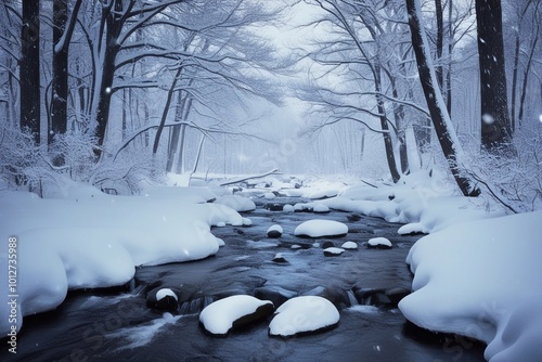 Stream in the winter forest, winter landscape with snow covered trees.