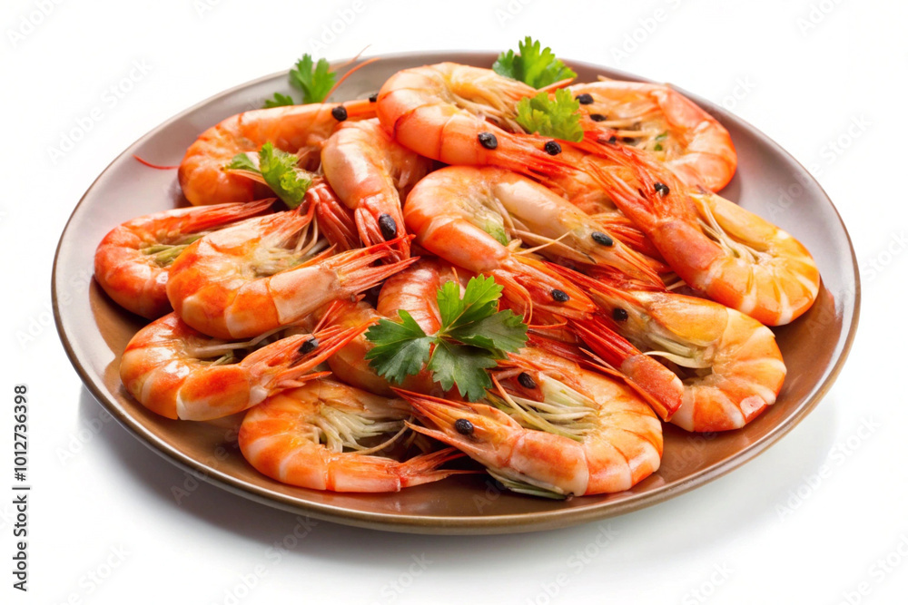 A plate with cooked shrimp, isolated on white background A plate with cooked shrimp, isolated on white background