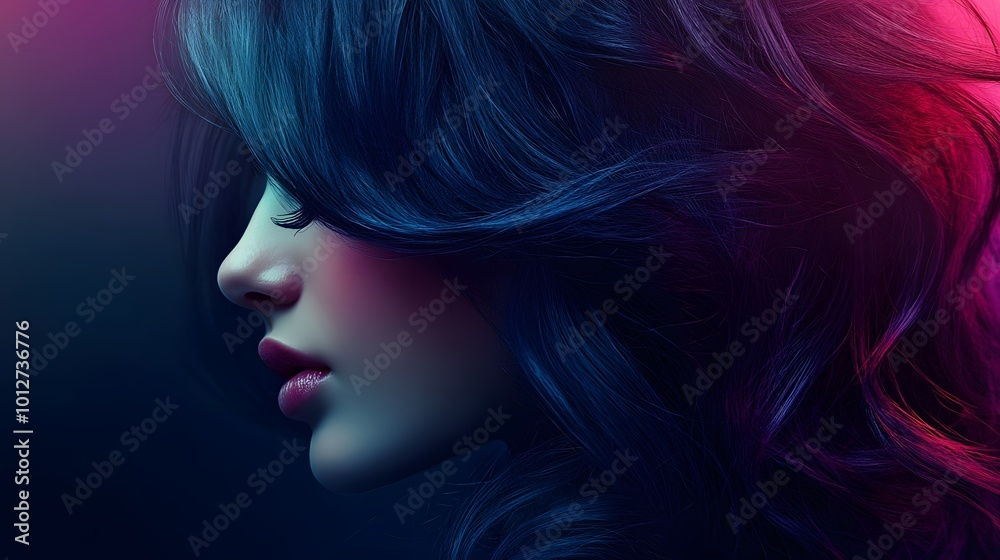 A stylized profile of a woman with strikingly dark hair under vibrant lighting, emphasizing elegance and beauty. A stylized profile of a woman with strikingly dark hair under vibrant lighting, emphasizing elegance and beauty.