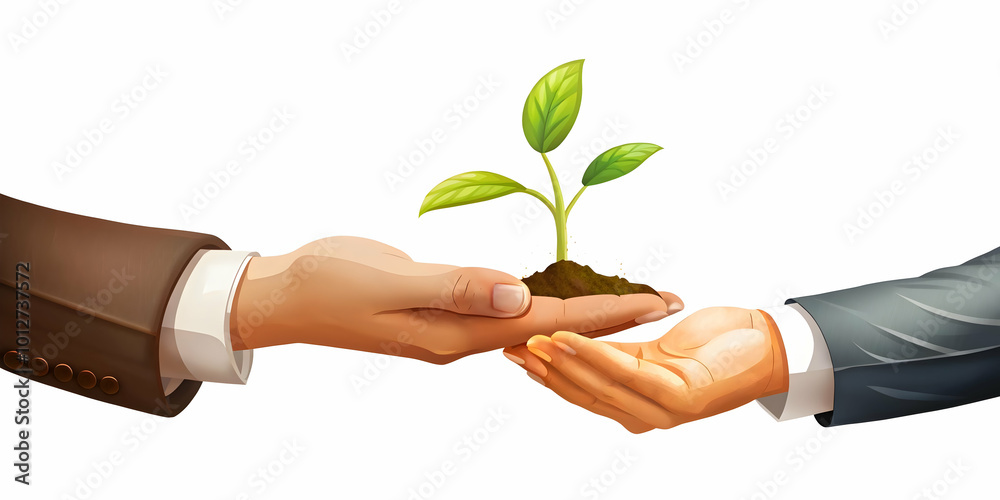 Flat Glossy Hands Nurturing a Seedling with Copy Space - Symbolizing Growth in ESG Business Negotiations in Simple Vector Illustration Flat Glossy Hands Nurturing a Seedling with Copy Space - Symbolizing Growth in ESG Business Negotiations in Simple Vector Illustration