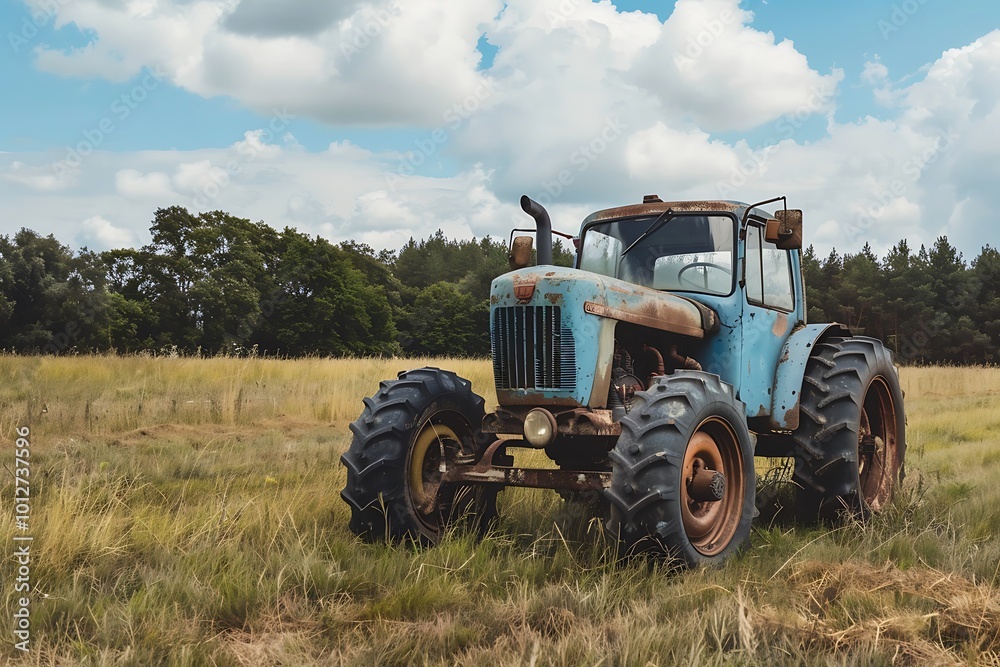 Old tractor in the field with blue sky and white clouds Old tractor in the field with blue sky and white clouds