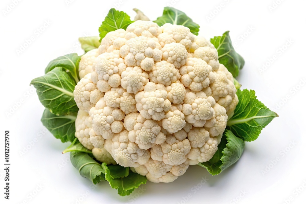 Fresh aerial view of cauliflower head over white background Fresh aerial view of cauliflower head over white background
