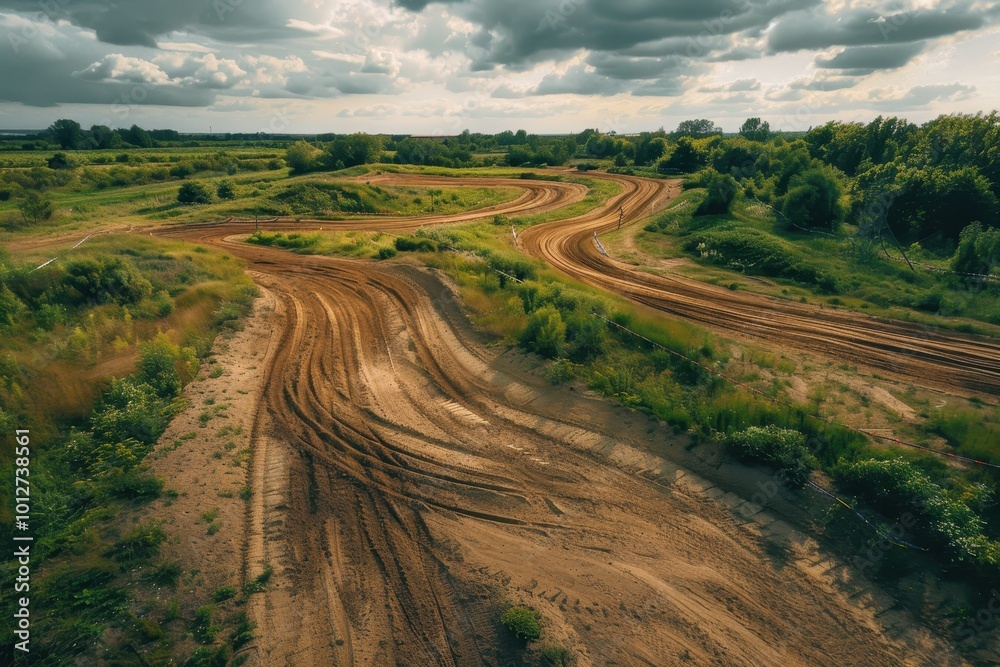 Motorsport motocross on dirt track drone view on a cloudy summer day Motorsport motocross on dirt track drone view on a cloudy summer day