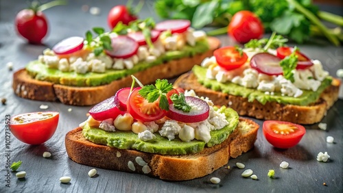 Fresh and colorful avocado toast with radishes, tomatoes, feta, and olive oil