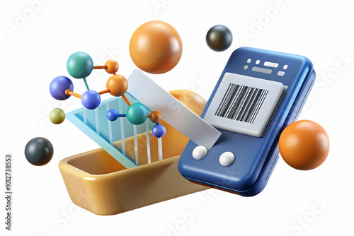 Flat Molecular coupon scanner concept as Close up pan across a surface of molecules rearranging to form a barcode. A beam of light scans across causing the molecules to disperse and reform into floati photo