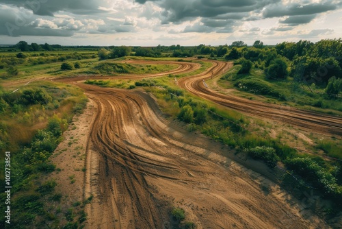 Motorsport motocross on dirt track drone view on a cloudy summer day