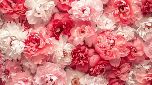 Bouquet of peony. Floral pattern. Flat lay, top view. 