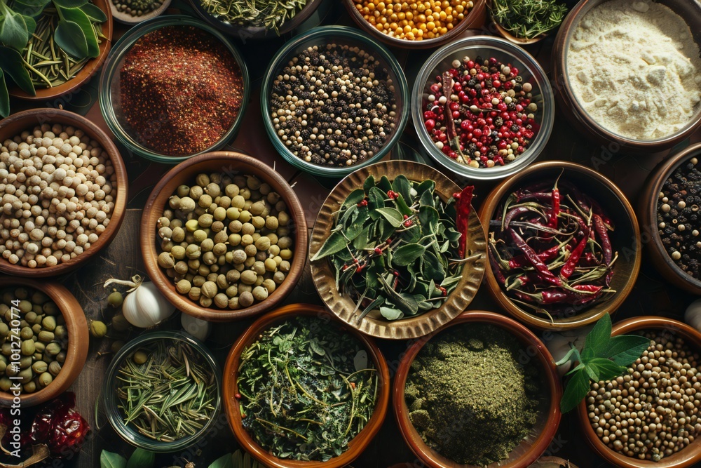 Close up top view of herbs and spices on table, created by ai Close up top view of herbs and spices on table, created by ai