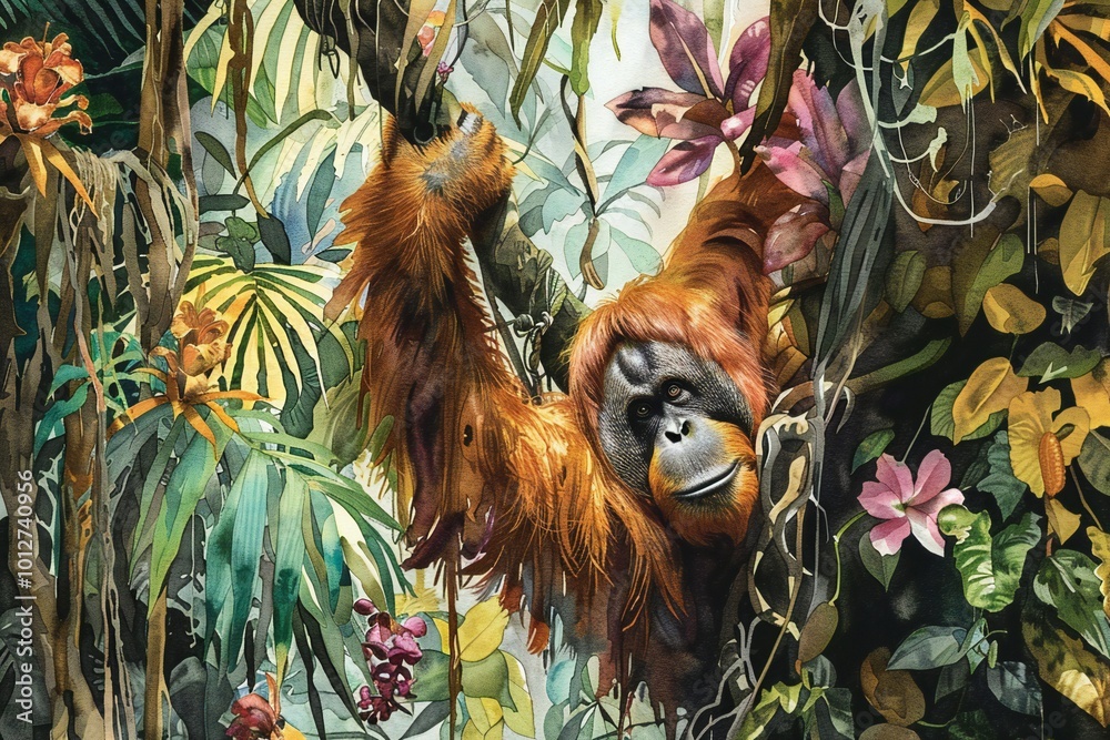 Obraz premium an Orangutan hanging from a tree in a dense Bornean jungle with tropical flowers and vines , watercolor illustration, created by ai