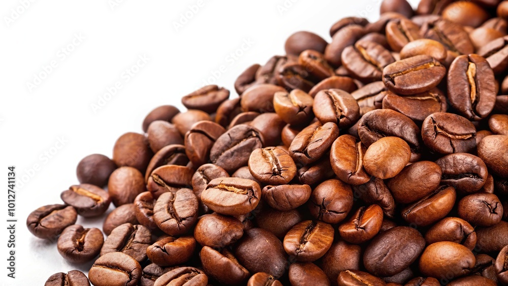 Fresh arabica coffee beans on a white background at a tilted angle Fresh arabica coffee beans on a white background at a tilted angle