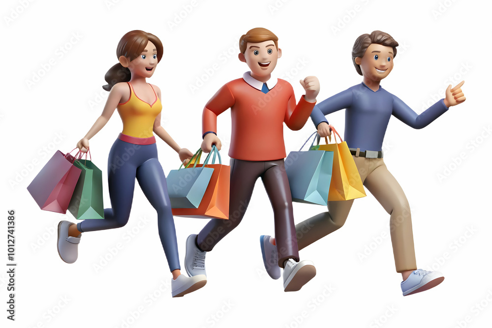 Fototapeta premium Flat Vector Illustration of Spontaneous Shopping Spree: Friends Running and Laughing in a Bustling Shopping District Showcasing Impulsive Buying Behavior