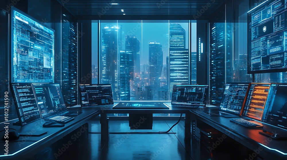 Fototapeta premium A woman works intensely in front of glowing abstract art screen.