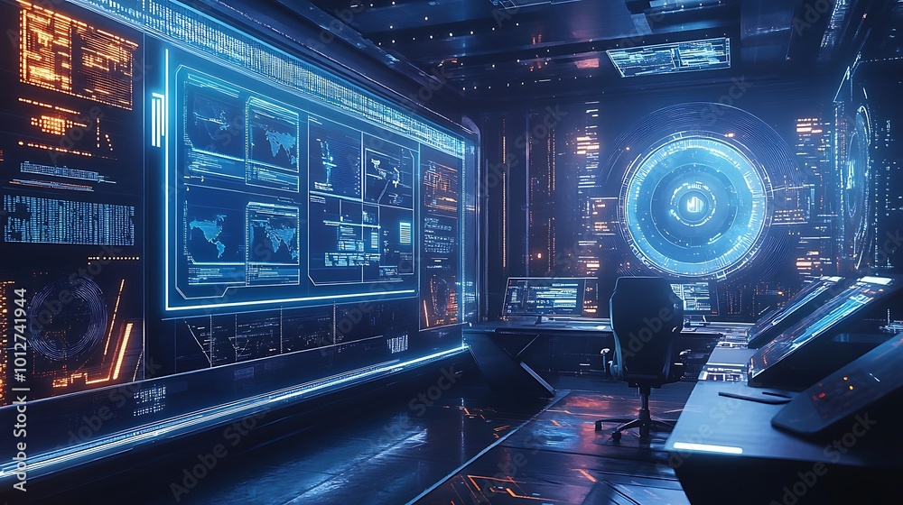 Fototapeta premium A programmer focuses hard on code, green shapes glowing behind.