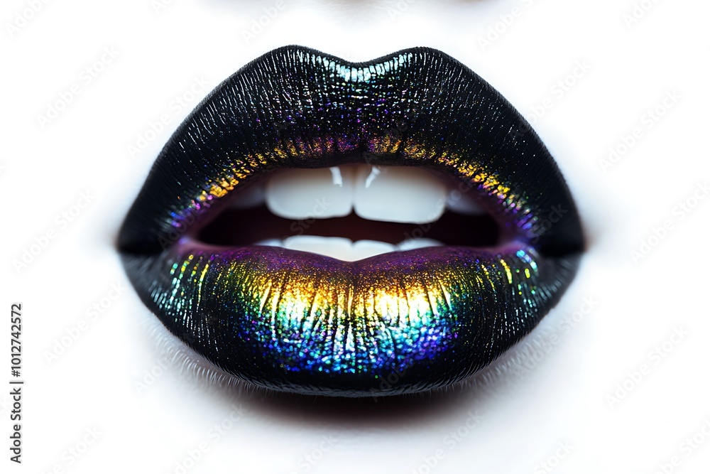 Closeup macro black colorful lips, open mouth, white teeth Closeup macro black colorful lips, open mouth, white teeth