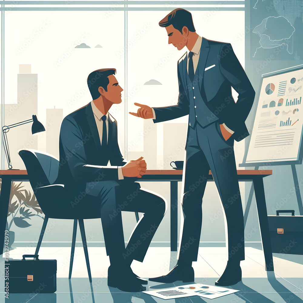 Obraz premium Flat Candid Business Negotiation Over Acquisition concept as A candid shot of two business professionals negotiating a corporate acquisition in a modern office setting. The image captures the intensit