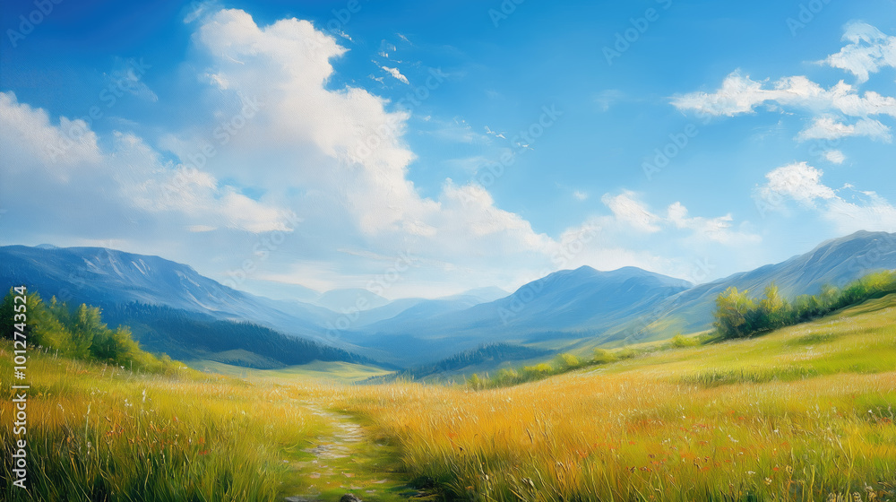 A tranquil pathway winds through golden grasslands towards misty blue mountains. A tranquil pathway winds through golden grasslands towards misty blue mountains.