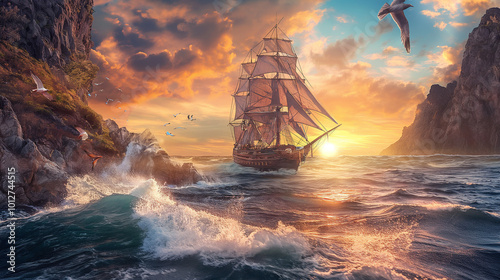 A majestic sailing ship navigates turbulent waters at sunset near rocky cliffs, captured in a breathtaking coastal landscape