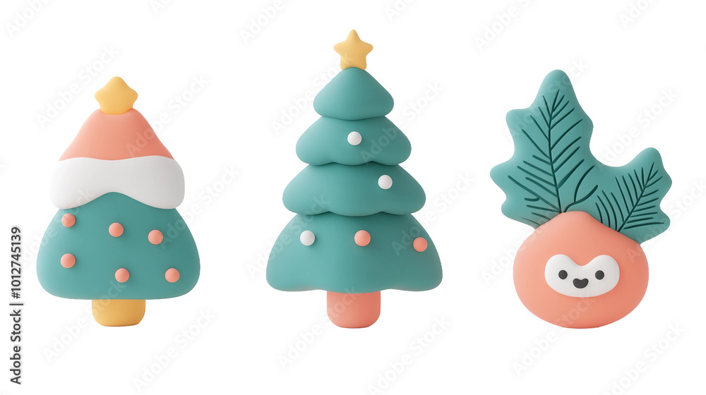 Fototapeta premium 3d Cartoon Style Christmas Tree Set