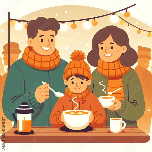 Flat Candid family enjoying hot soup at an outdoor winter festival concept as A family is captured in a candid moment as they enjoy hot soup together at an outdoor winter festival. The natural interac
