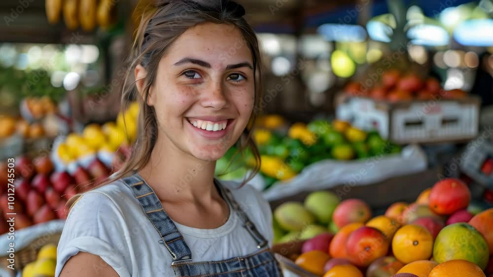 A young woman smiles while selling fresh fruits at a vibrant market in the afternoon sun A young woman smiles while selling fresh fruits at a vibrant market in the afternoon sun