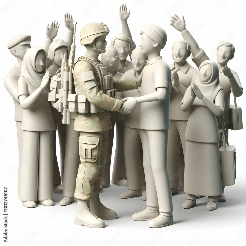 3D Soldier Receiving Warm Welcome from Community Members Concept: Candid Moment of Joyful Hari Pahlawan Celebration Filled with Smiles and Gratitude, Featuring 3D Icon on Isolated White Background 3D Soldier Receiving Warm Welcome from Community Members Concept: Candid Moment of Joyful Hari Pahlawan Celebration Filled with Smiles and Gratitude, Featuring 3D Icon on Isolated White Background
