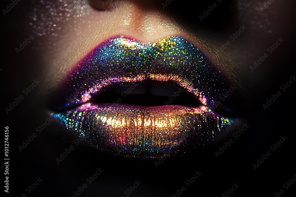 Closeup macro black colorful lips, open mouth, white teeth Closeup macro black colorful lips, open mouth, white teeth