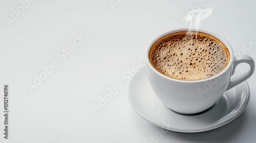 A steaming cup of coffee in a white porcelain mug, resting on a clean saucer. Perfect for beverage and morning themes.